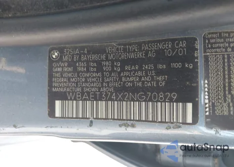 2002 BMW 325I z USA, uszkodzony, nr VIN WBAET374X2NG70829